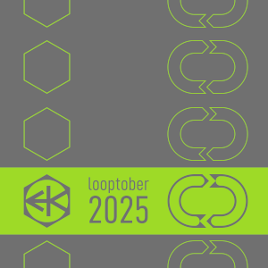 Cover artwork for the album Looptober 2025. A grey field with a solid green bar in the lower middle. In the same grey as the background, the Electric Keet logo appears on the left side, the words “Looptober 2025” in lowercase in the center, and a loop symbol on the right side. Above and below the bar are repeating outlines of the logo and symbol in green.